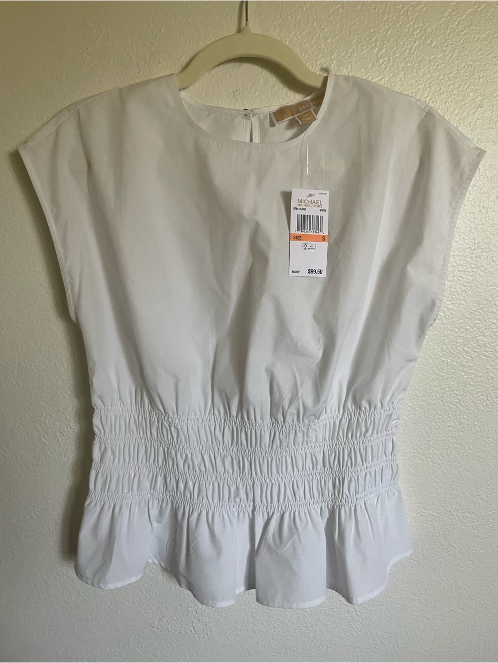NWT Michael Kors White Smocked Waist Peplum Top Blouse Size S